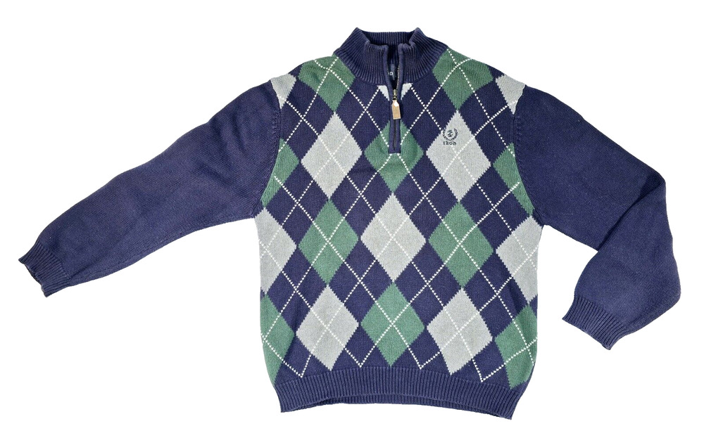 Vintage Izod Knit Sweater Boys Large 14/16 Argyle Blue Green Gray White 1/4 Zip